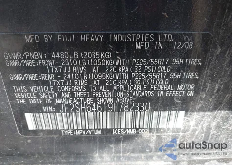 2009 Subaru Forester 2.5X Limited z USA, uszkodzony, nr VIN JF2SH64619H782330